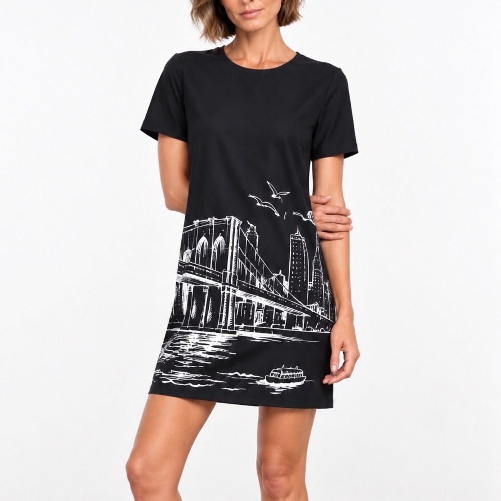LAFAYETTE 148 Black NYC Brooklyn Bridge Skyline Cityscape Graphic Print Dress XL